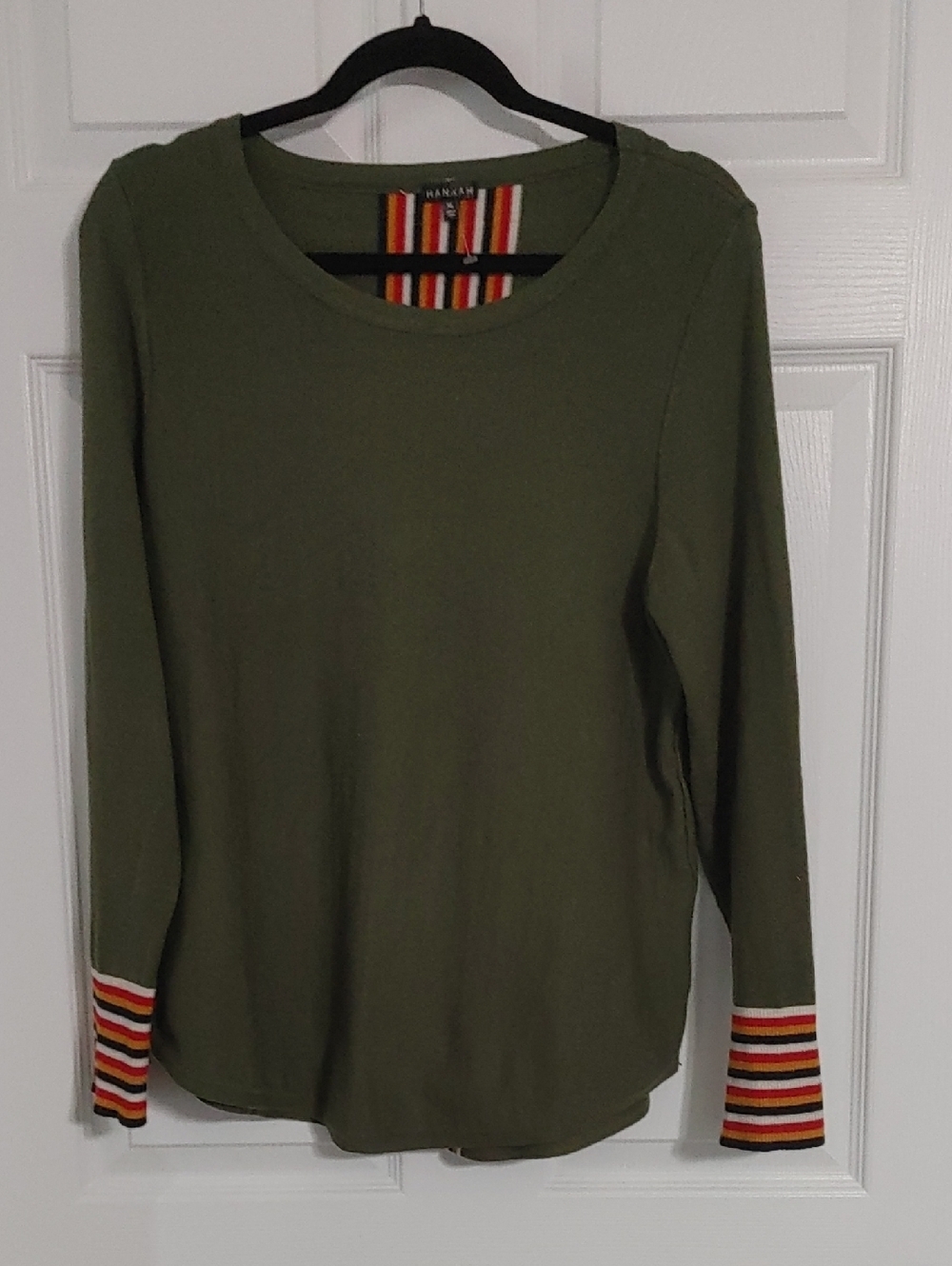 Hannah Olive Long-Sleeve Stripe Sweater Size XL Casual Nature Girl